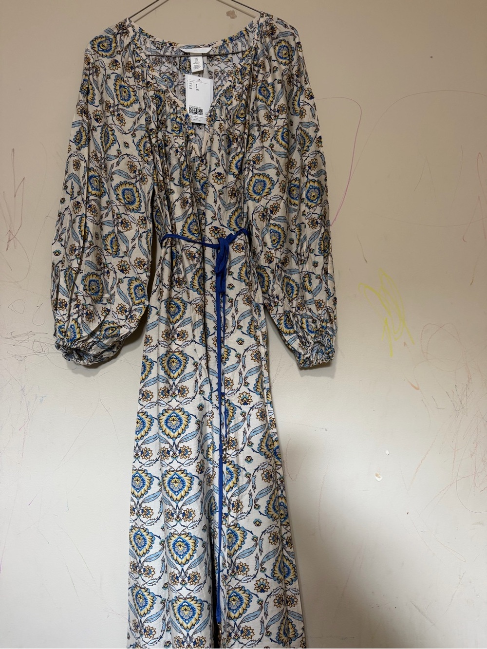 Bohemian Floral Print Maxi Dress in Cream and Blue